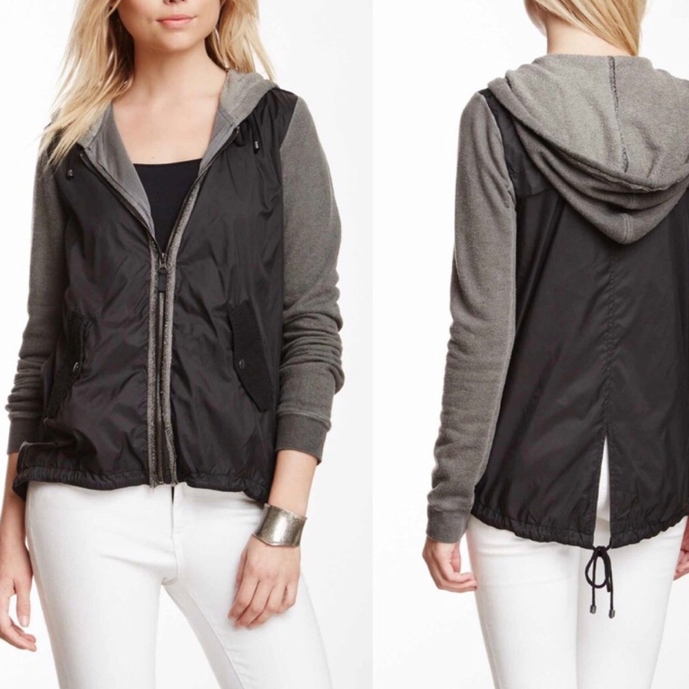 FREE PEOPLE Mixed Media Zip Front Hoodie Windbreaker Jacket Black/Gray